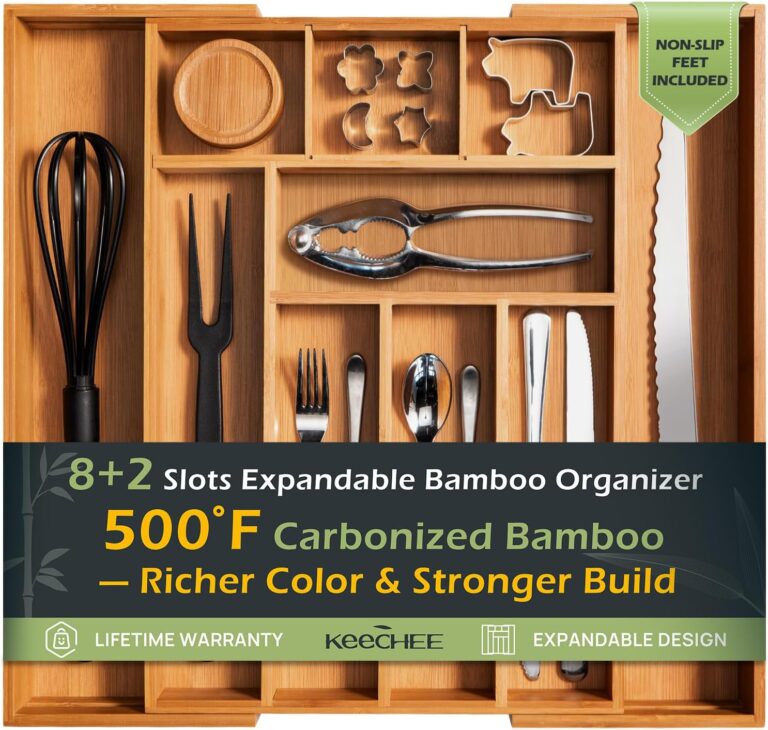 Carbonized Bamboo Kitchen Drawer Organizer, 8-10 Slots Expandable Silverware Organizer, Utensil Holder & Cutlery Tray, 2.2″ Deep for Extra Capacity, Non-Slip Feet Included
